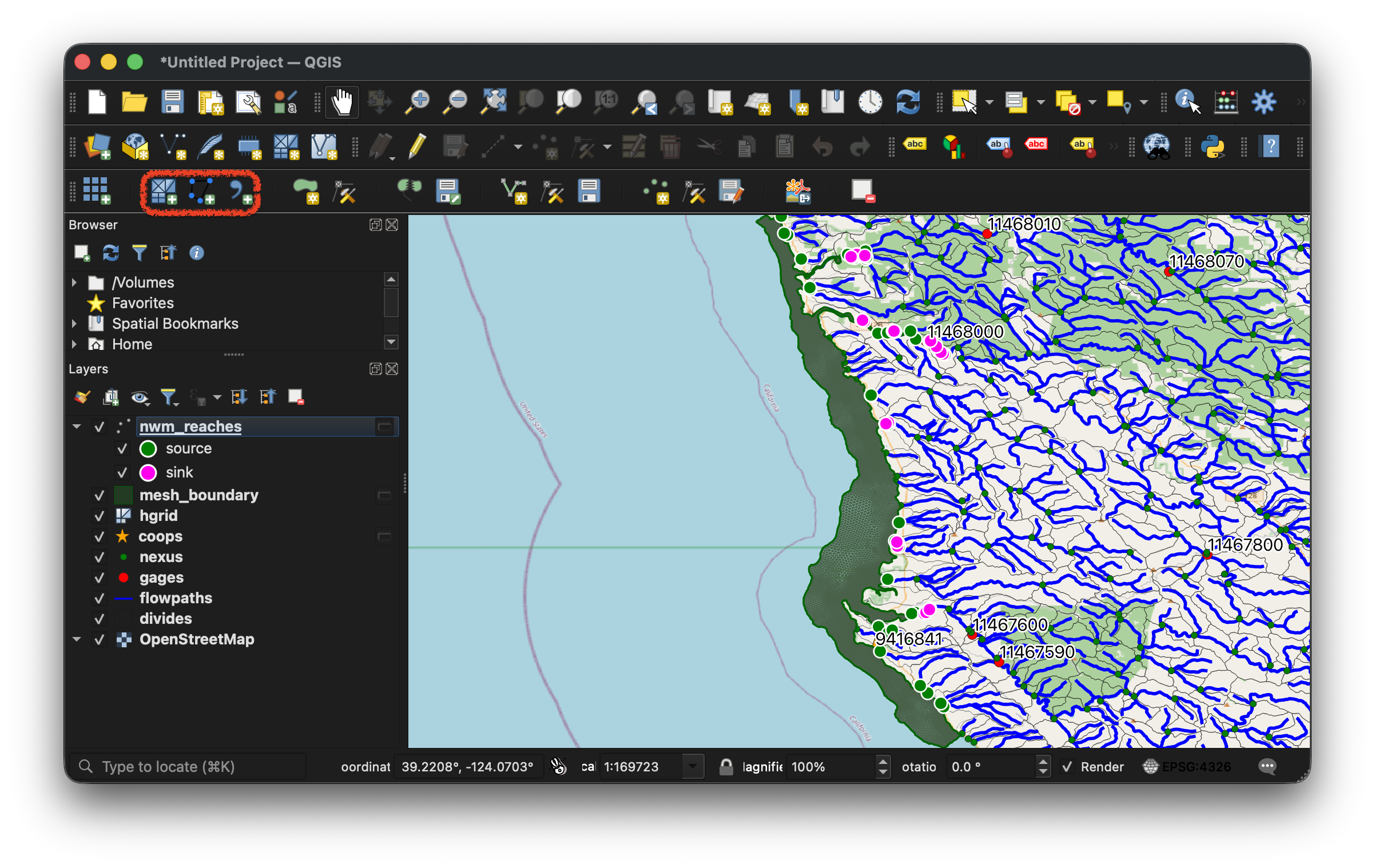 Mesh boundary polygon and NWM sink/source points over the SCHISM mesh